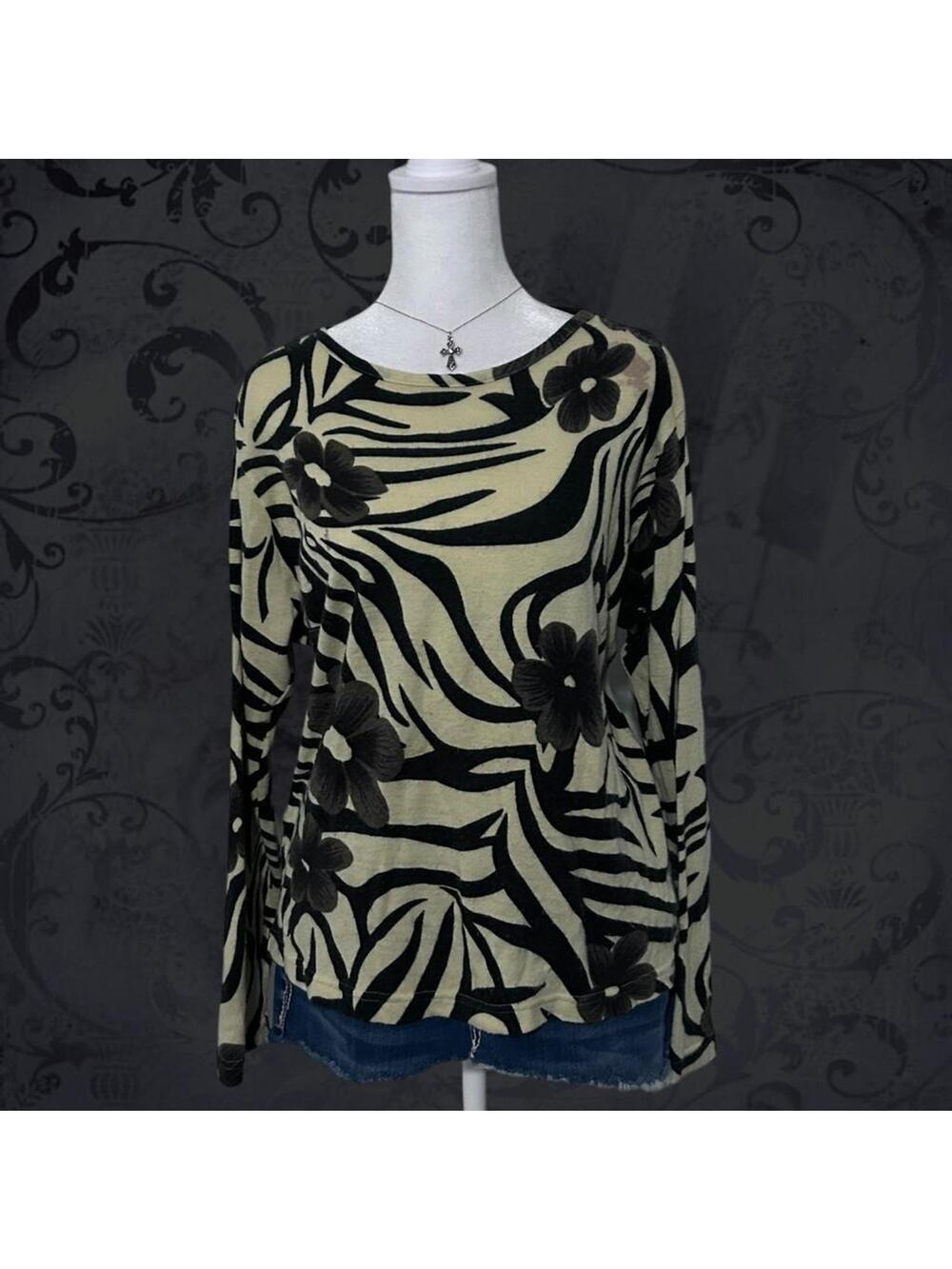 Cream beige and black abstract zebra swirl print top